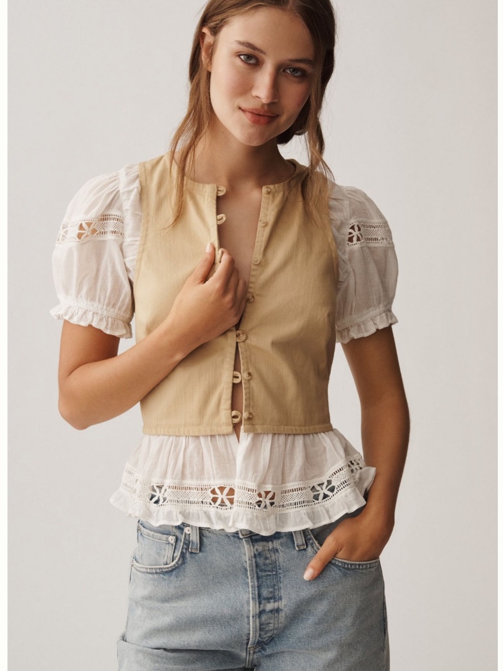 Anthropologie Beige Button-Front, Eyelets Puff Sleeve Top